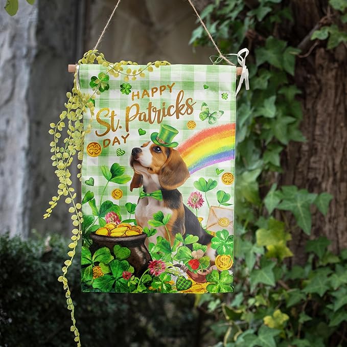 Beagle St Patricks Day Garden Flag Dog St Patrick's Day Yard Flags for Outside 12x18 Double Sided Buffalo Plaid Shamrock Flag Small Outdoor Rainbow St Patrick's Decor