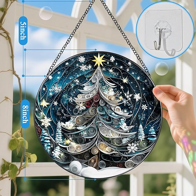 8-Inch Starry Christmas Tree Suncatcher Ornament: Stained Glass Window Hanging & Decor, Sun Catchers Indoor Window — Gift for Christmas, Holiday Present Idea, Gifts Exchange, Gift Idea