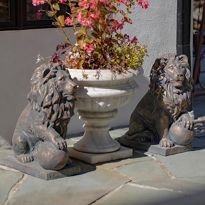 Zaer Ltd. Magnesium Pair of Lion Statues (Outdoor Safe) (27" Tall w/Ball (Set of 2), Aged Bronze (Painted))