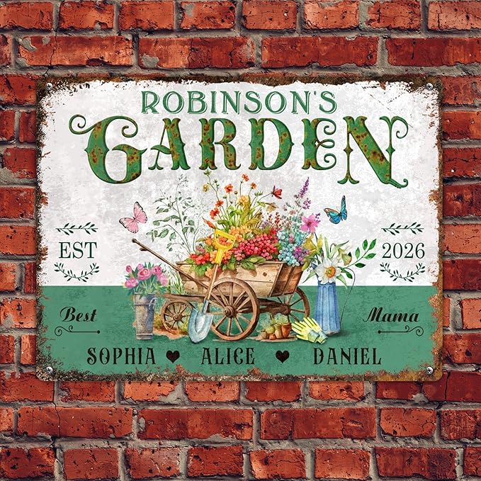 Custom Garden Signs Personalized Metal Tin Sign for Women, Retro Hummingbird Metal Sign for Outdoor, Patio, Yard Home Decor Gift for Mothers Day, Grandmas, and Gardening Lovers (For MOM 04)