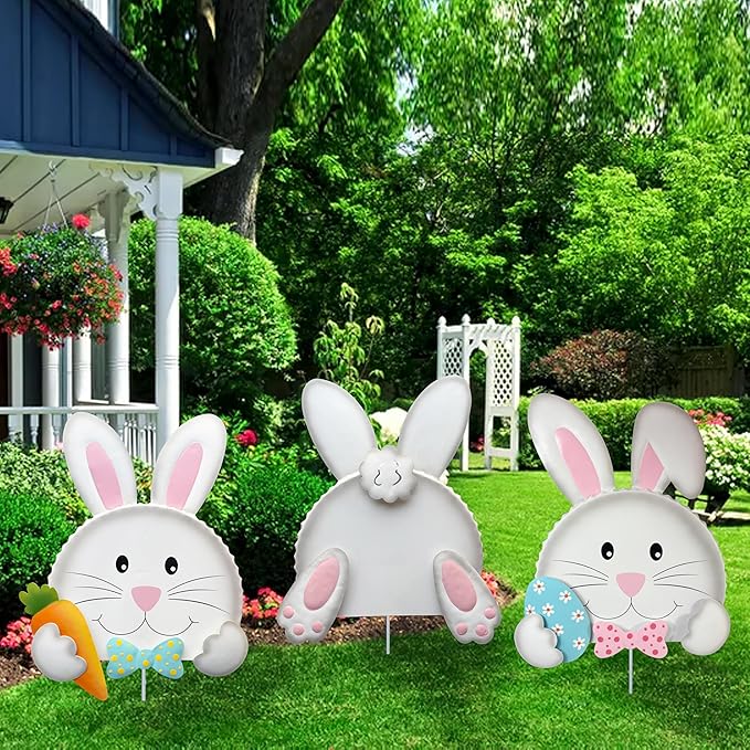 Easter outdoor decorations,Bunny Yard Signs,3D Sculptures,Easter Yard Stakes,Set of 3,Durable Weather-Resistant Design, Rabbits Garden Stakes for Home Outside Lawn, Garden, Patio, Outdoor Decor
