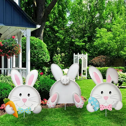 Easter outdoor decorations,Bunny Yard Signs,3D Sculptures,Easter Yard Stakes,Set of 3,Durable Weather-Resistant Design, Rabbits Garden Stakes for Home Outside Lawn, Garden, Patio, Outdoor Decor