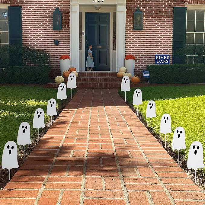 Shimeyao 6 Pcs Metal Halloween Ghost Garden Stakes Halloween Yard Signs Outdoor Decor 12 Inch White Ghost Yard Signs for Home Lawn Porch Holiday Front Backyard