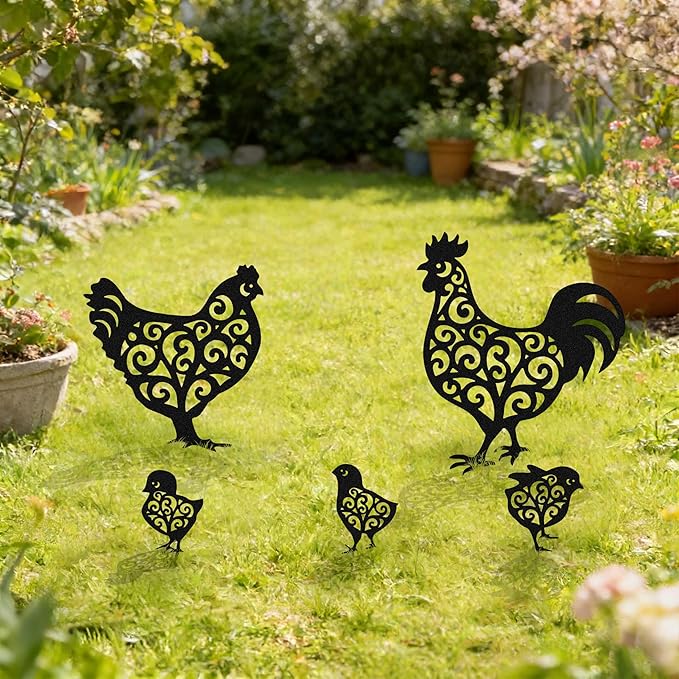 Metal Chicken Garden Stakes Set of 5, Outside Rooster Decorative Gardens Stakes, Chickens Gifts for Women, Chicks Lovers and Chicken Owners, Outdoor Ornaments for Yard Lawn Patio Gardens
