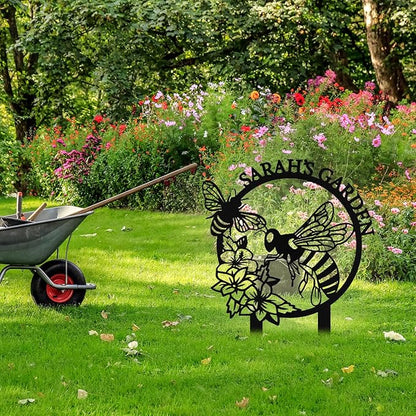Personalized Metal Bee Garden Signs with Stake, Custom Garden Signs for Outside Waterproof, Customized Name Sign Yard Lawn Gardens Decor Gardening Gifts for Moms Grandmas Gardeners