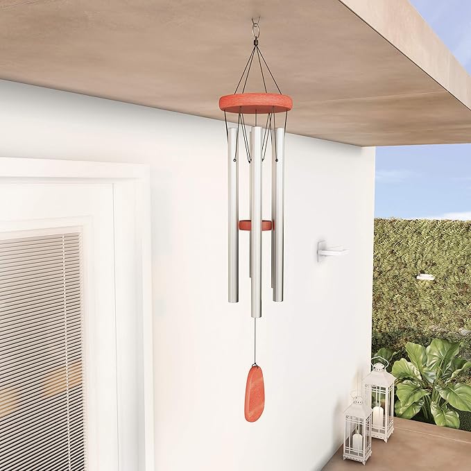 Metal and Wood Wind Chimes - 28-Inch Tuned Metal Chimes - Soothing Tones for Garden, Patio, Porch, or Outdoor Decor by Pure Garden (Silver Finish)