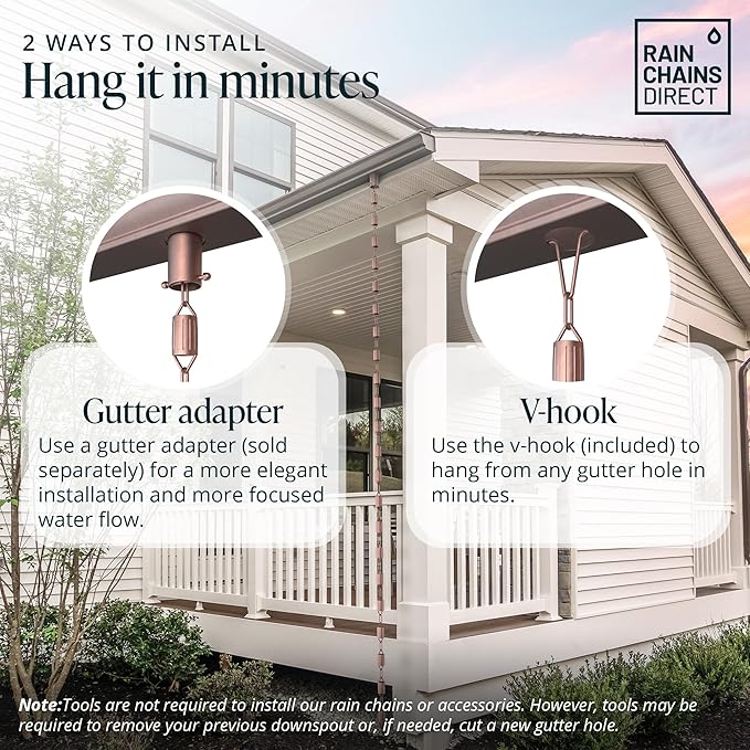 Rain Chains Direct - Scallop Rain Chain - 8.5 FT - Pure Solid Copper - Premium Rain Chains for Gutters