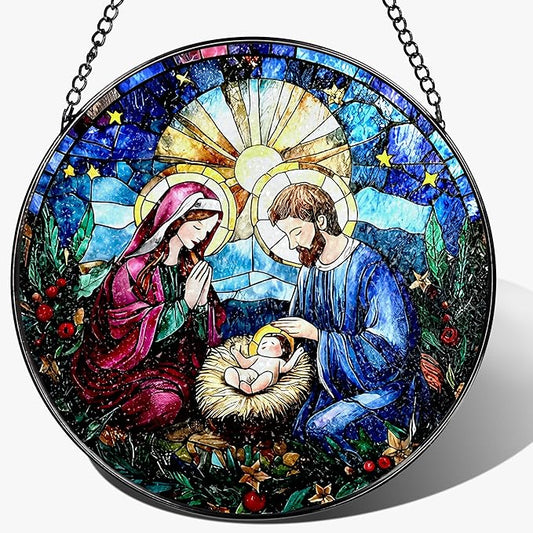 8-Inch Nativity Scene Stained Glass Suncatcher Ornament, Stained Glass Window Hanging & Nativity Religious Ornament, Christian Home Decor — Gifts for Christmas, Christian Gift, Religious Gift