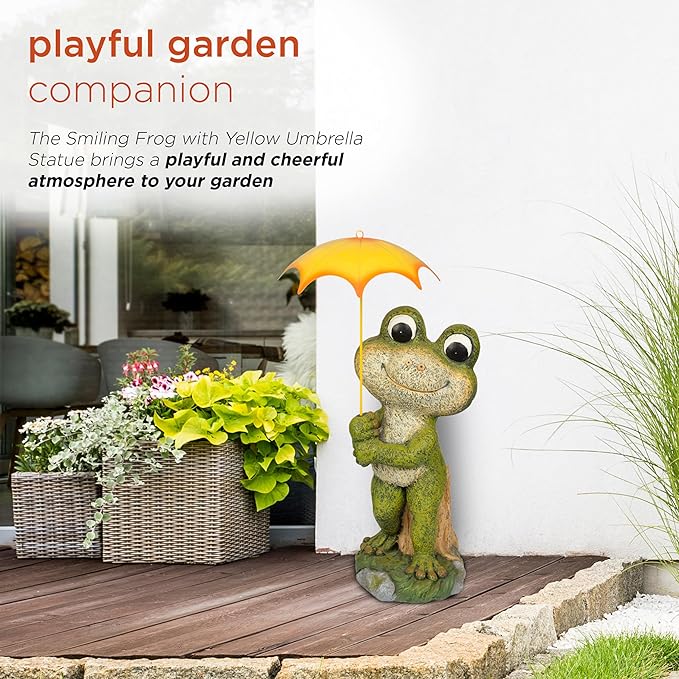 Alpine Corporation QWR1004 Indoor/Outdoor Smiling Frog with Yellow Umbrella Garden Statue, Playful Frog Statue, 23" H, Green