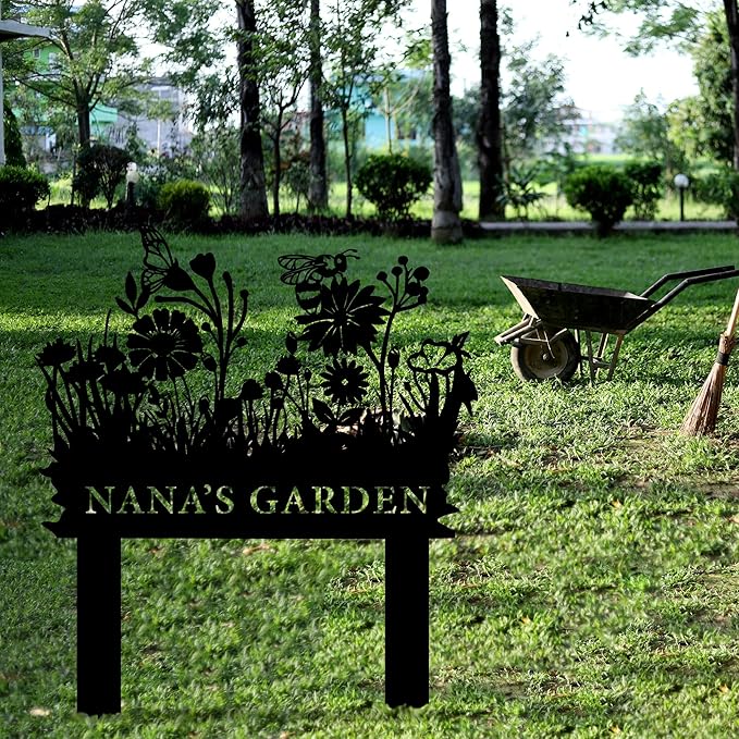 Personalized Butterfly and Bee Metal Garden Stake Sign, Custom Flower Themed Garden Metal Stake, Customized Garden Signs Decorative Outdoor, Farmhouse Yard Art, Flower Bed Decor, Gift for Gardener