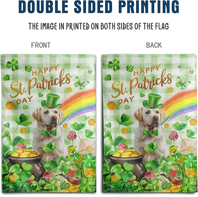 White Lab St Patricks Day Garden Flag Labrador Dog St Patrick's Day Yard Flags for Outside 12x18 Double Sided Buffalo Plaid Shamrock Flag Small Outdoor Rainbow St Patrick's Decor