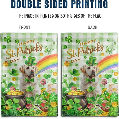 White Lab St Patricks Day Garden Flag Labrador Dog St Patrick's Day Yard Flags for Outside 12x18 Double Sided Buffalo Plaid Shamrock Flag Small Outdoor Rainbow St Patrick's Decor