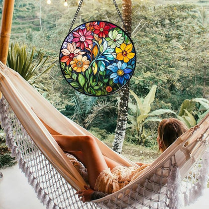 Stained Glass Window Hanging Colorful Flowers and Green Plants 9.8" - Suncatcher Door Garden Sun Catcher Home Decor Birthday Christmas for Mom Men Woman Nana Friend