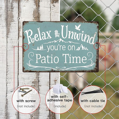 Putuo Decor Funny Patio Signs And Decor Outdoor Home Patio Wall Decor Vintage Relax Unwind You're On Patio Time Tin Signs Patio Signs For Outside Backyard Porch Bar Decor 8x12 Inches
