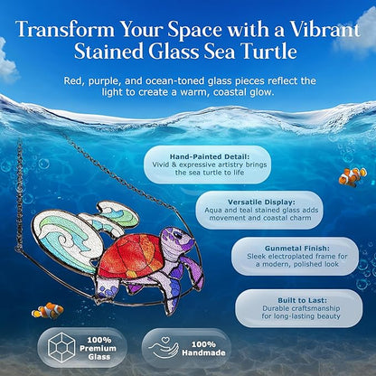 Sea Turtle Stained Glass Window Hanging, Ocean Sea Life Sun Catchers Indoor Panel, Nautical Suncatcher Decor for Home, Wall, Garden, Coastal Ornament Gift for Women, Beach Lovers