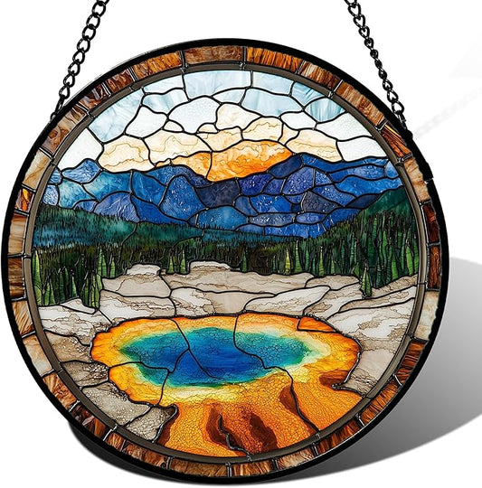 Stained Glass Window Hanging - Abstract Lake Landscape Suncatcher for Door Terrace Garden Home Decor Mountains Forests Sun Catcher Birthday Gifts for Lovers Women Men Dad Mom Nana 7.8 in