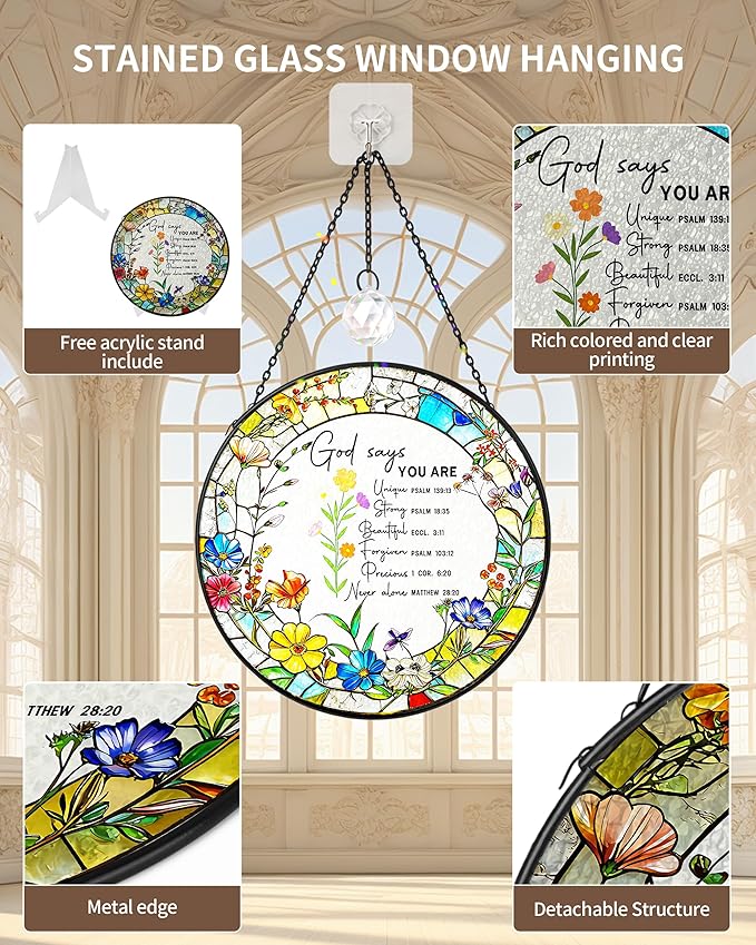 Christian Stained Glass Window Hanging Sun Catcher, Religious Faith for Mom or Grandma, Church Window Decor