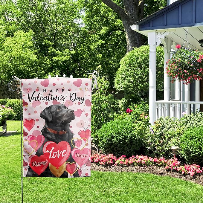 Black Lab Valentine Garden Flag Valentines Day Flags for Outside 12x18 Double Sided Small Yard Flags Labrador Dog Valentine's Day Decor Outdoor Lawn Valentines Banners Front Porch