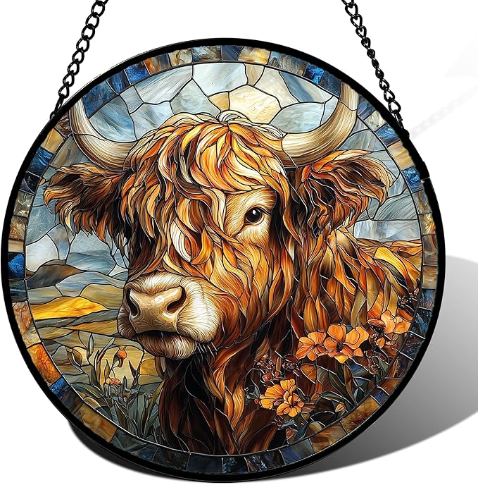 DASTOLL Stained Glass Window Hanging - Funny Cow Flower Suncatcher Ready to Hang Window Doors Home Decoration and Christmas, Mother's Day Birthday Gifts for Women, Men, and Mom 14.9x14.9 in