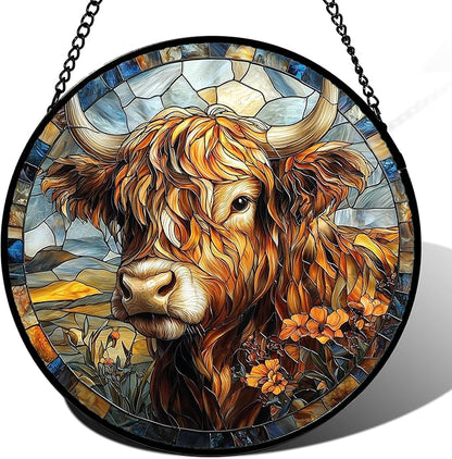 DASTOLL Stained Glass Window Hanging - Funny Cow Flower Suncatcher Ready to Hang Window Doors Home Decoration and Christmas, Mother's Day Birthday Gifts for Women, Men, and Mom 14.9x14.9 in