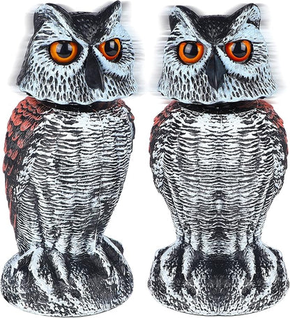 Hausse 2 Pack Fake Owl Decoy Bird Scarecrow Sculpture, Rotating Head Plastic Owl Bird Deterrents, Nature Enemy Horned Pest Repellent for Outdoor Garden Yard