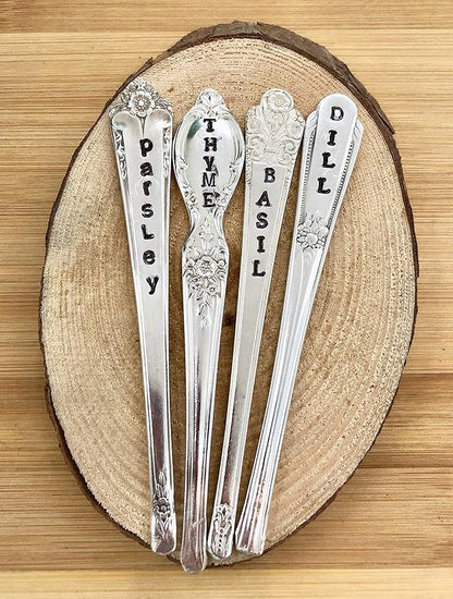 Personalized Herb Markers, Set of 4, You Choose Herbs Silver Plate Spoon Handle Plant Labels,