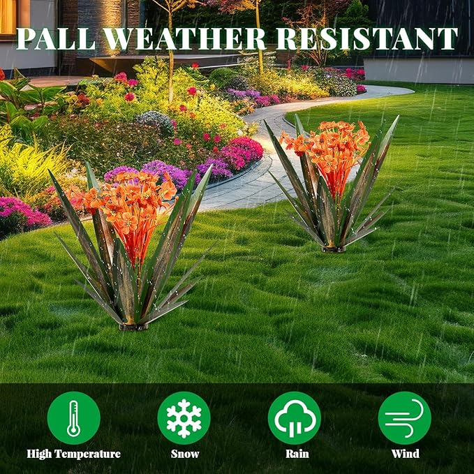 2Pcs Spring Metal Agave Plant Outdoor Decor Sculpture Flowers Mexican Yard Art Outdoor Garden Decoration Rustic Mums Metal Agave Garden Art for Patio Lawn Decorative Gifts