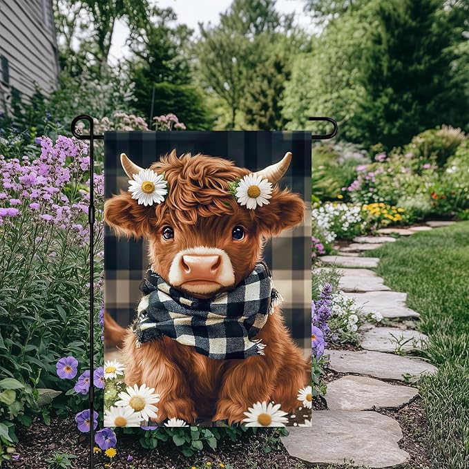 BlissYard Highland Cow Garden Flag 12x18 Inch Double Sided Plaid Daisy Yard Flags Floral Cow Farmhouse Flag Adorable Farm Animal Outdoor Decoration for Seasonal Summer Spring Yard Decor