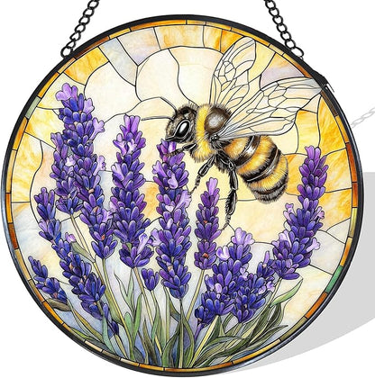 Vintage Bee Lavender Stained Glass Window Hanging Suncatcher, Bumble Bee Flowers Sun Catcher Indoor Window Decor, Rustic Purple Painted Glass Round Wall Hanging Decorations, 7.8x7.8 in