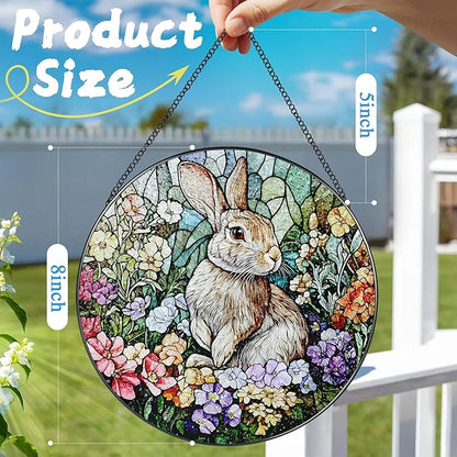 Stained Glass Window Hanging, 8 Inch Rabbit Sun Catcher, Bunny Stained Glass Suncatcher, Window Decor, Gifts for Mothers Day, Birthday, Christmas, Rabbit Lovers Gifts, Gift for Women Mom and Friend
