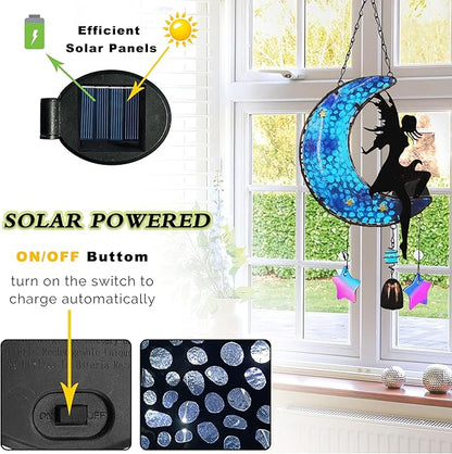 Memorial Wind Chimes Solar Hanging Glass Moon Lights Metal Fairy Angel Outdoor Wind Chimes for Mom Loved One Gifts