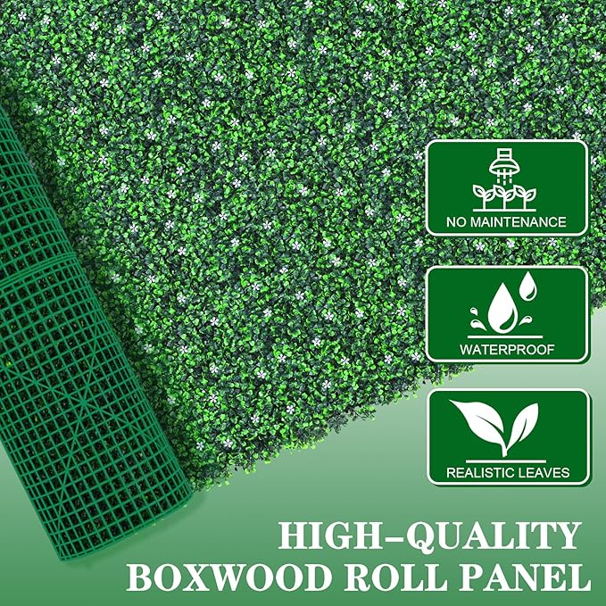 Grooy 71"x 144"(72 sq.ft) Artificial Boxwood Roll Panels with Flowers, UV-Anti Faux Ivy Leaves Privacy Fence Screen, Grass Wall Roll Panels for Indoor Home Decor and Outdoor Garden Backyard