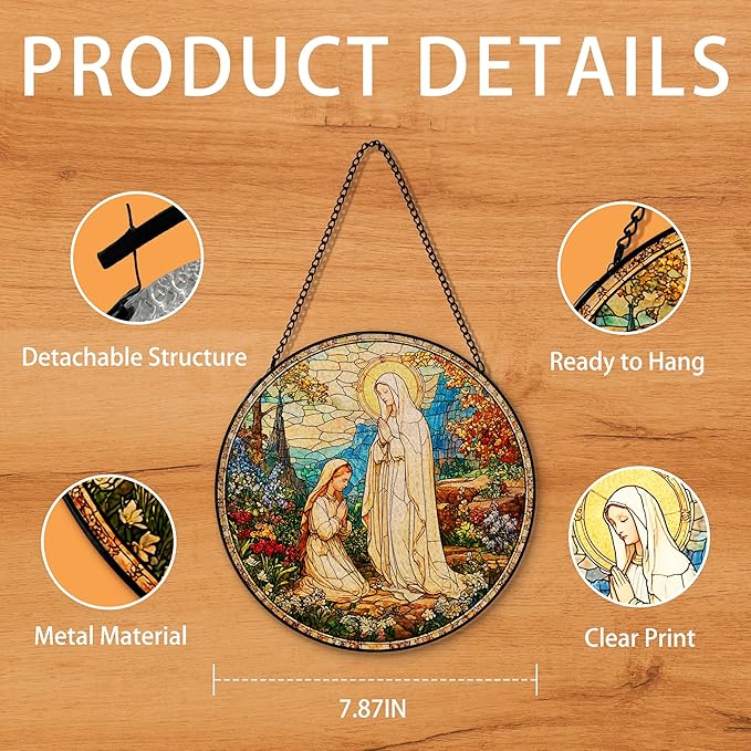 Virgin Mary Religious Suncatcher Garden Stained Glass Window Hanging, Our Lady of Grace Sun Catchers Indoor Window Glass Round Wall Decor, Religious Wall Art Hanging Decorations, ＂7.8x7.8＂