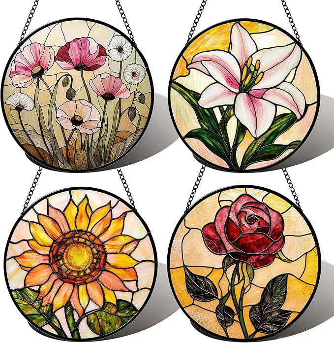 Sun Catcher Window Hanging Stained Glass, 4 pcs Floral Designs of Poppy Sunflower Rose Lily, for Bedroom Garden Kitchen Decor, Gifts for Mom, 6.3 Inch