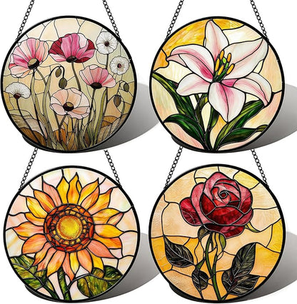 Sun Catcher Window Hanging Stained Glass, 4 pcs Floral Designs of Poppy Sunflower Rose Lily, for Bedroom Garden Kitchen Decor, Gifts for Mom, 6.3 Inch