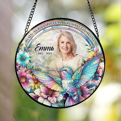 Personalized Memorial Gifts for Loss of Mom,Remembrance Gift, Hummingbirds Appear When Angels are Near - Custom Photo Window Stained Glass, Loss of Loved One, Custom Text on Glass Hanging Window