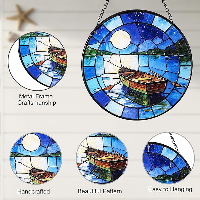 Hanging Stained Glass for Windows,20cm/7.87inch The Boat Beneath the Moon Stained Glass Suncatcher with Chain Garden Diamond Glass Panel Hangings Decoration for Family Friends Colleagues
