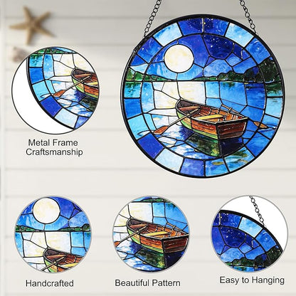 Hanging Stained Glass for Windows,20cm/7.87inch The Boat Beneath the Moon Stained Glass Suncatcher with Chain Garden Diamond Glass Panel Hangings Decoration for Family Friends Colleagues