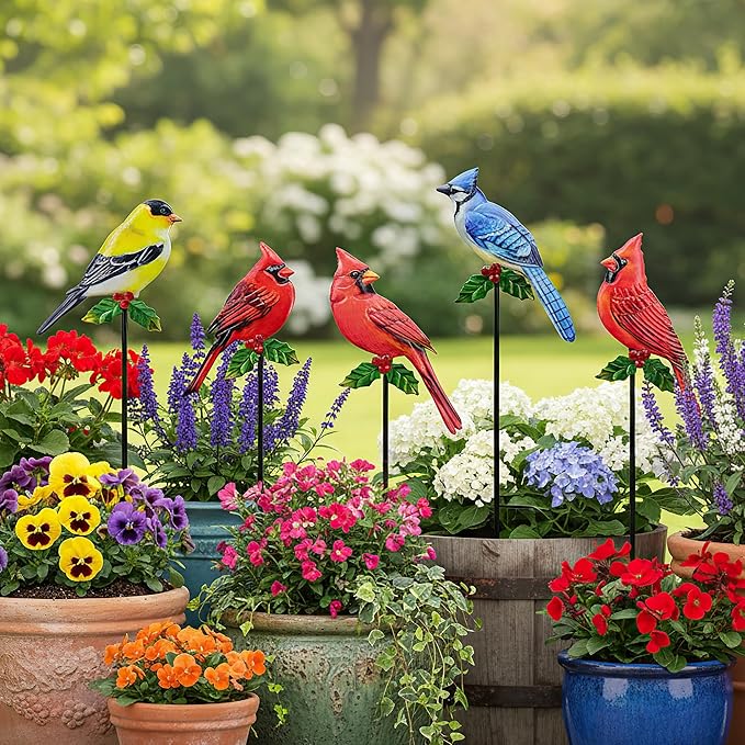 5 Pack Birds Metal Decorative Garden Stakes - 20 Inch Shaker Patio Decor Art and Rust Resistant Metal Garden Decor for Indoor and Outdoor Decor - Perfect for Patio and Lawn Ornaments