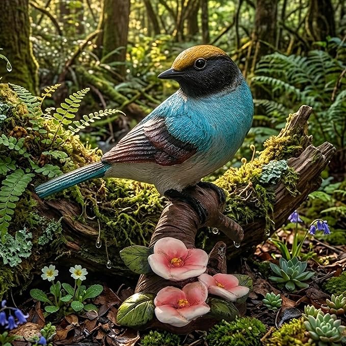 Garden Bird Statue for Outdoor Decor, Blue Bird Figurine Perched on Branch with Pink Flowers for Backyard Yard Patio, Bird Decorations for Home Shelf, Mother's Day Birthday Gifts