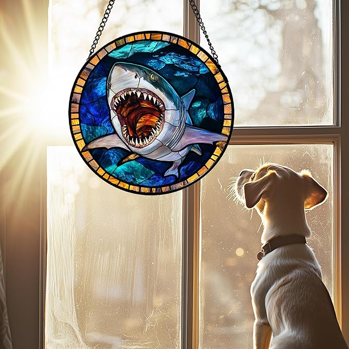 CHATYOUNG Stained Glass Window Hanging Ocean Sea Ferocious Big Shark 7.8" - Suncatcher Door Garden Sunroom Sun Catcher Home Decor Father's Day Birthday Christmas for Mom Men Woman Father Friend