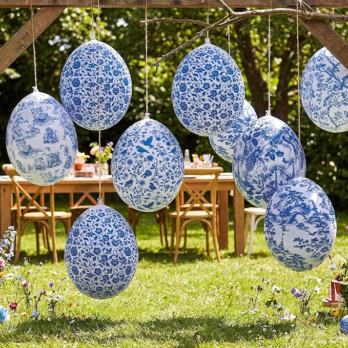 Realspring 12 Pcs 12 Inch Inflatable Blue and White Easter Eggs Decorations Chinoiserie Porcelain Easter Inflatables Outdoor Decor Spring Large Blow up Hanging Egg Ornaments for Holiday Party Supplies