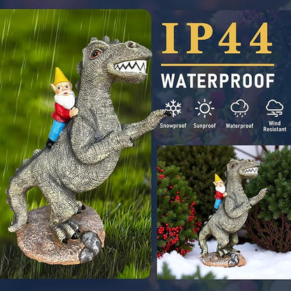Garden Gnome Riding Dinosaur Statue - Resin Outdoor Decor, 8.7" Funny Garden Dino Gnome Statue for Patio & Lawn Ornament Whimsical Sculpture Gift,Gifts for Women