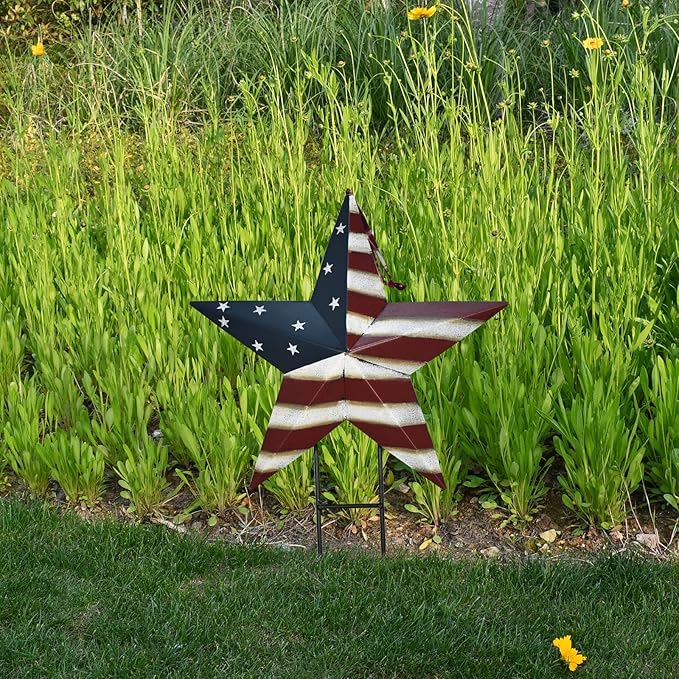 Linfevisi American Flag Star Yard Signs 17.3 Inch Metal Patriotic Barn Stars Garden Stakes US Flag Outdoor 4th of July Decorations Memorial Day Yard Art Lawn Ornaments Patio for Outside