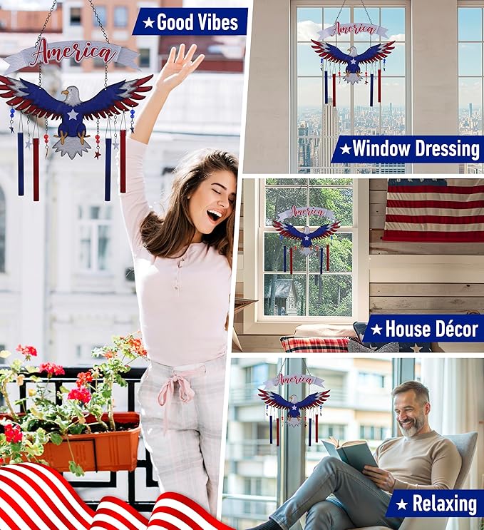 CoTa Global American Eagle Wind Chime - American Eagle Patriotic Indoor or Outdoor Windchime Home Decor with Hanging Bells, Handcrafted Glass and Metal Wind Chimes for Yard, Garden, Porch - 24 Inches
