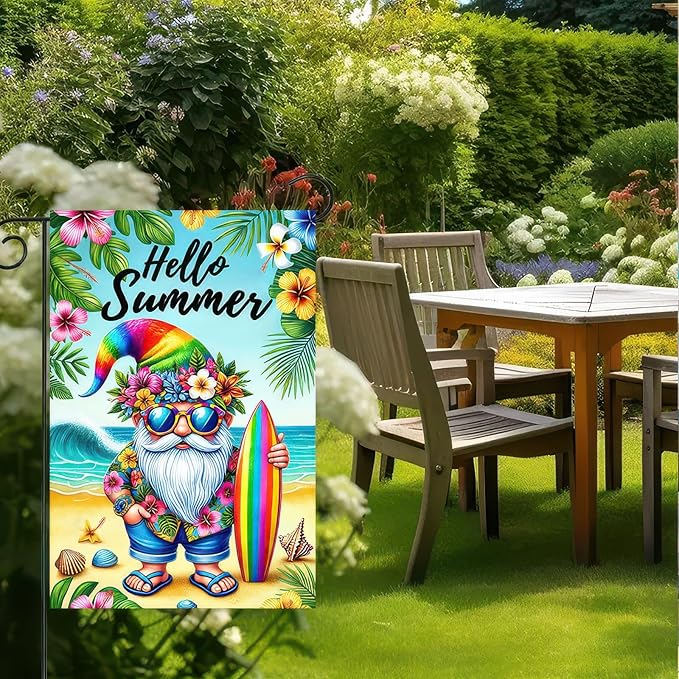 BlissYard Hello Summer Garden Flag Beach Gnome Flag 12x18 Inch Double Sided Welcome Summer Holiday Yard Flag Outside Decoration Farmhouse Outdoor Small Decor