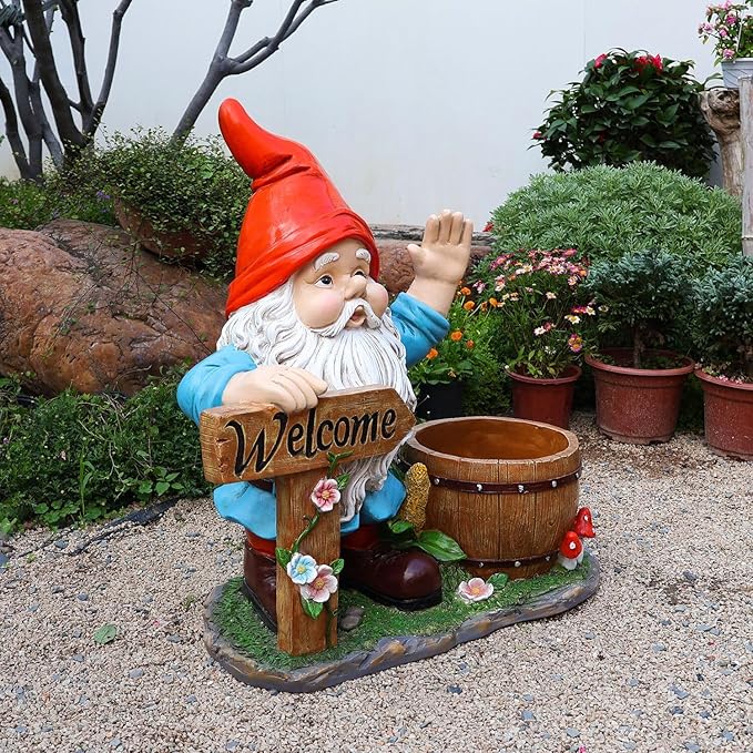 Gnome Garden Statue Planter with Welcome Sign, Waterproof Outdoor Resin Flower Pot, Yard Lawn Patio Decor, Front Porch Ornament Housewarming Gift(Red Hat Gnome)