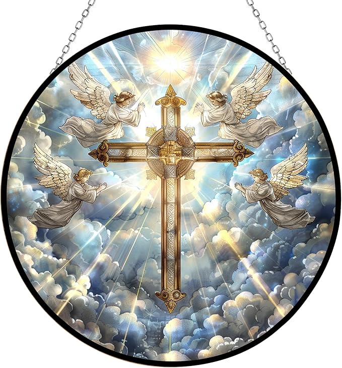 Jesus Cross Suncatcher Indoor/Outdoor Stained Glass Window Hanging Handmade Suncatchers Home Decor Garden Christmas Party Wedding Housewarming Gifts
