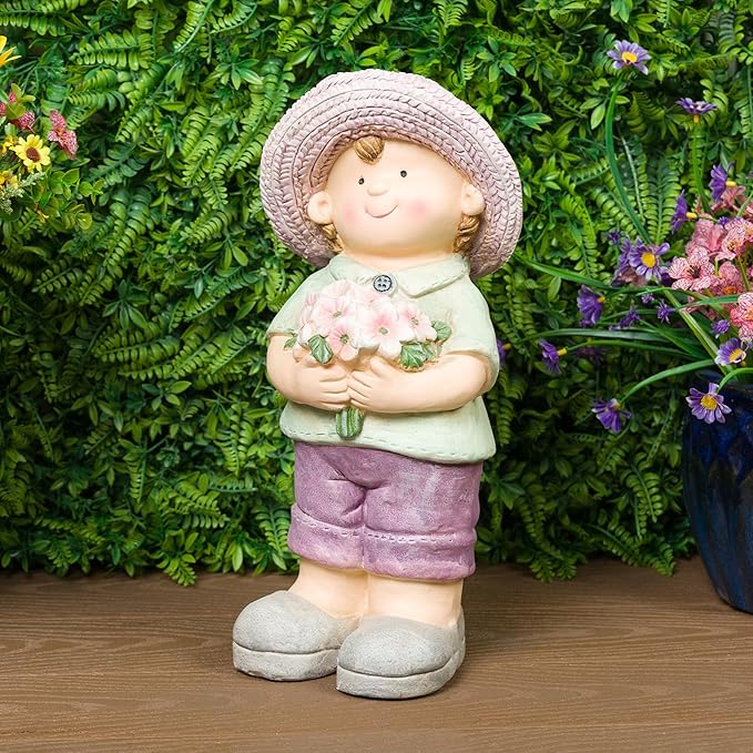 Alpine Corporation QWR1458 Outdoor Little Boy with Flowers Garden Statue, Playful Child Statue for Yard, 16" H, Purple