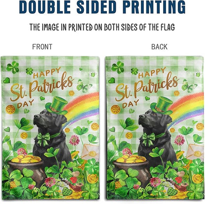 Black Lab St Patricks Day Garden Flag Labrador Dog St Patrick's Day Yard Flags for Outside 12x18 Double Sided Buffalo Plaid Shamrock Flag Small Outdoor Rainbow St Patrick's Decor